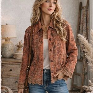 Earthtone Artsy Boho Boutique Embroidered Jacket Crocheted Hem and Cuffs
